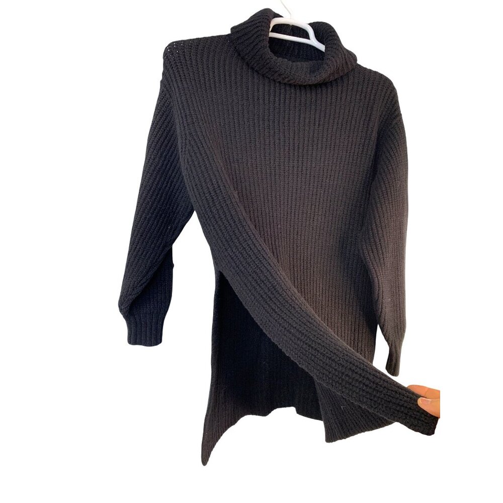 Free People Slouchy Black Rib Mock Neck Sweater Tunic Side Slit Bulky - Picture 2 of 7